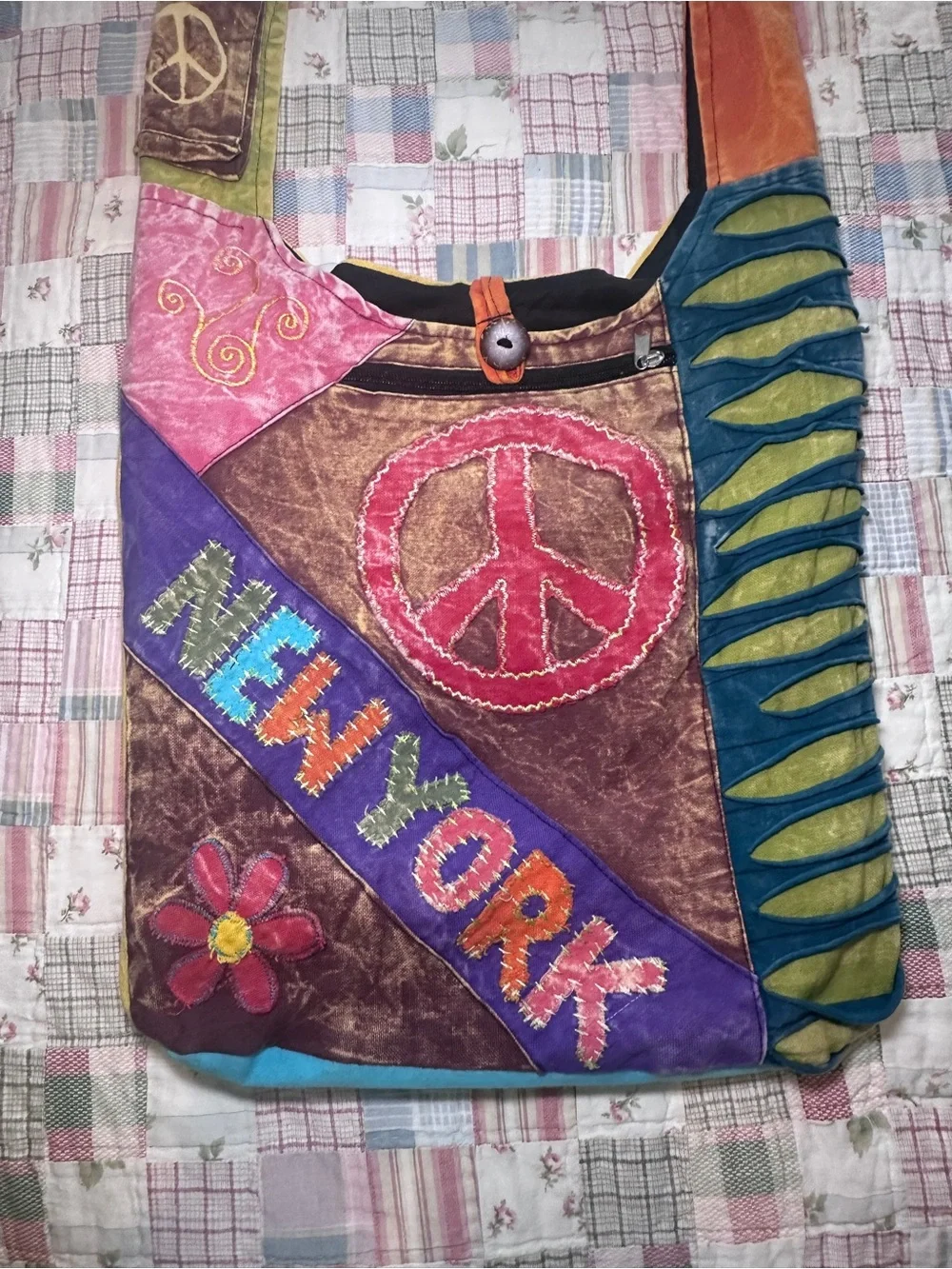 Multicolor Patchwork Shoulder Bag with Peace Motif